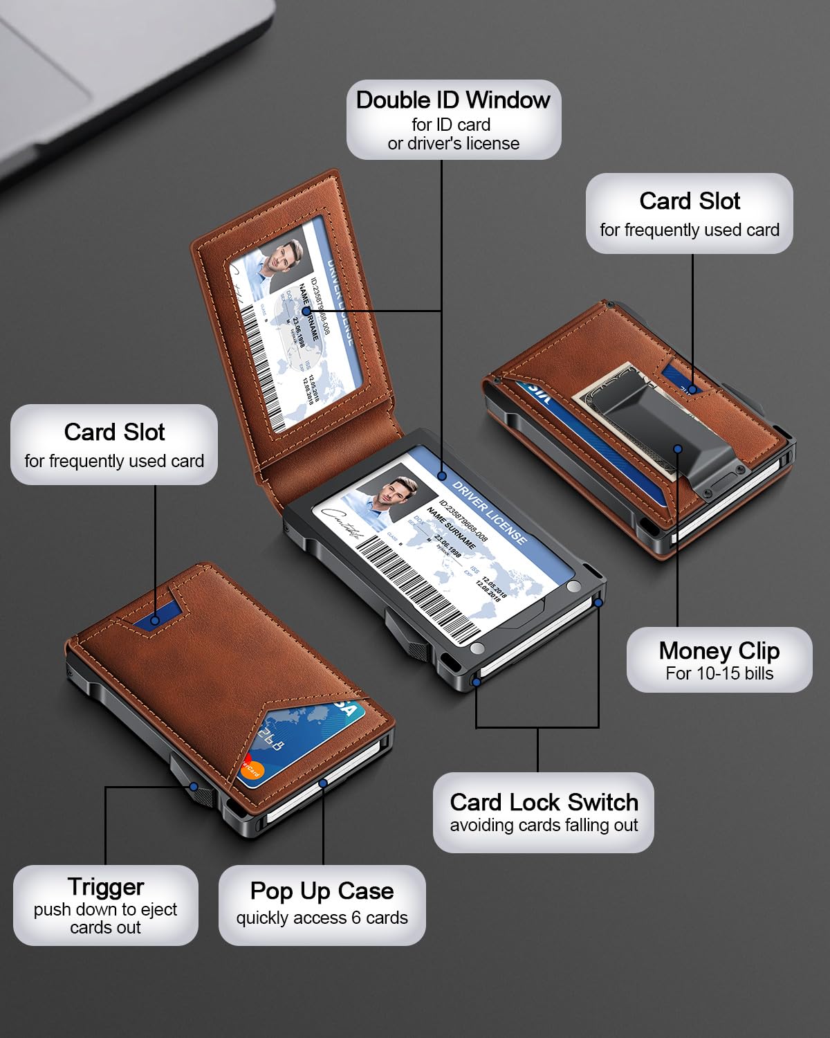 Wallet for Men RFID Wallet with 2 ID Windows & Money Clip, Slim Pop Up Card Holder for 10-12 Cards, Bifold Minimalist Smart Wallet for Front Pocket, Compact Metal Credit Card Holder, Gifts for Men